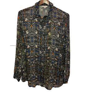 CAbi Style 129 Festival Semi Sheer Grey Button Down Blouse ~ Size Large